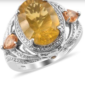 Canary Yellow Fluorite/Multi Gemstone Ring/Platinum Over Sterling Silver